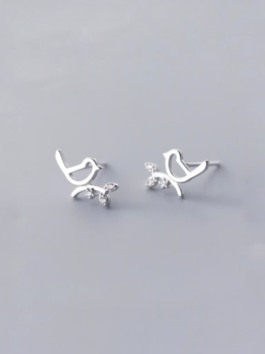 925 Sterling Silver With Silver Plated Cute Bird Branch Stud Earrings