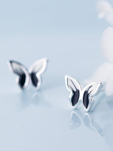 925 Sterling Silver With Silver Plated Simplistic Black Gradient Butterfly Stud Earrings