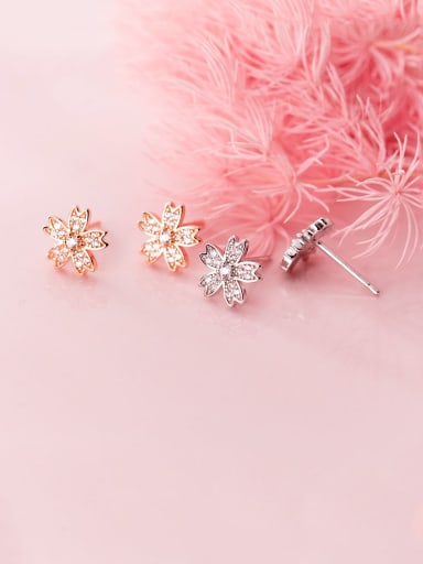 925 Sterling Silver With  Cubic Zirconia Simplistic Flower Stud Earrings