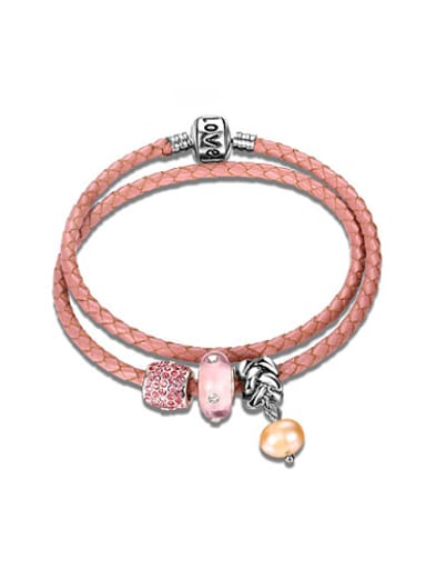Pink Crystal Geometric Shaped Leather Bracelet