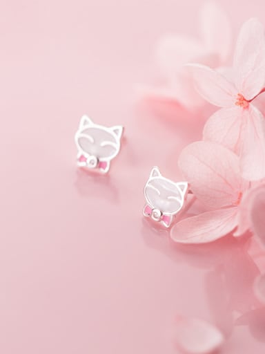 925 Sterling Silver With Silver Plated Cute Pink Cat Stud Earrings
