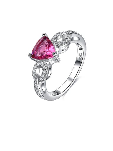 Women 925 Silver Heart Shaped Pink Zircon Ring