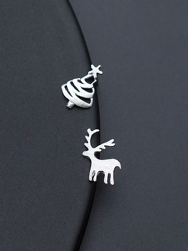 925 Sterling Silver With Platinum Plated Cute Elk Asymmetric Christmas Tree  Stud Earrings