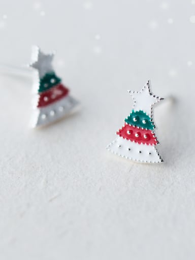 925 Sterling Silver With Platinum Plated Cute Christmas Tree Stud Earrings