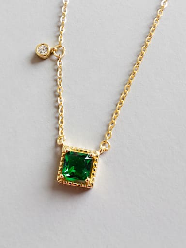 Pure silver geometric square Emerald Necklace