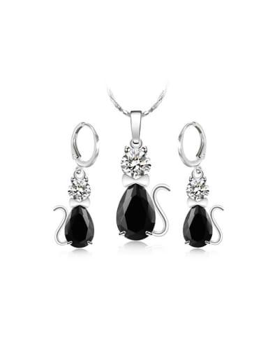 Copper Alloy White Gold Plated Fashion Kitty Two Pieces Zircon Jewelry Set