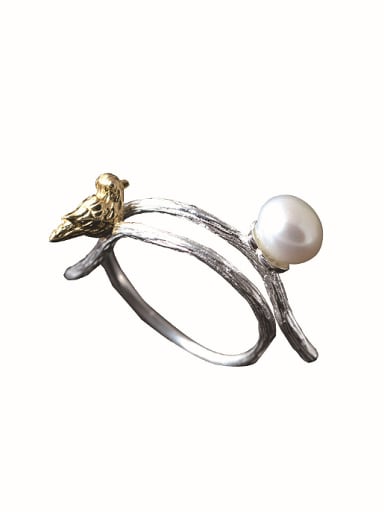 Personalized Artificial Pearl Little Bird 925 Silver Ring
