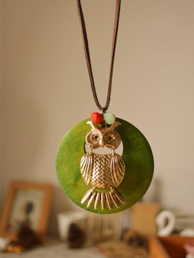 Wooden Round Shaped Owl Necklace