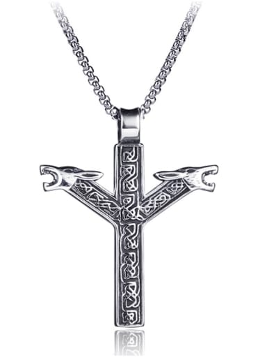 Stainless Steel With Antique Silver Plated Trendy Cross  head of a wolf Necklaces