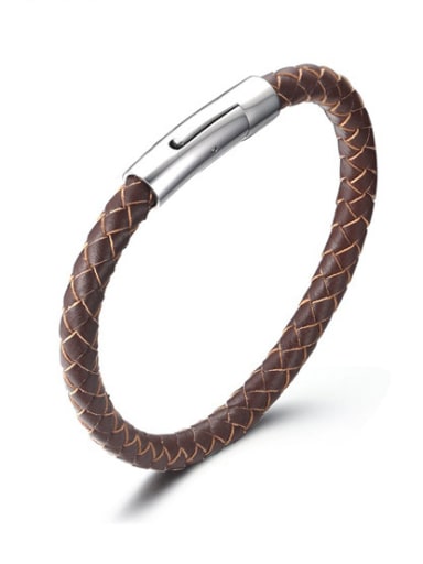 Men Delicate Brown Artificial Leather Titanium Bracelet