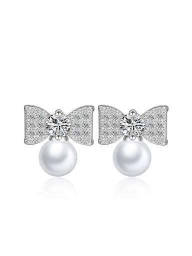 Elegant Shiny Zirconias Bowknot Imitation Pearl Stud Earrings