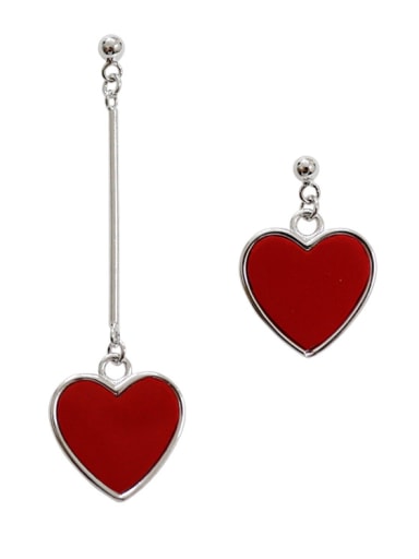 Asymmetrical Red Heart Silver Stud Earrings