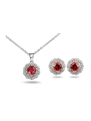Exquisite Red Platinum Plated Flower Shaped Zircon Two Pieces Jewelry Set