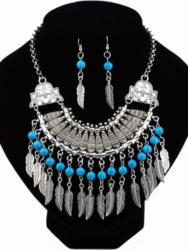 Exaggerated Retro style Turquoise stones Leaves Alloy Two Pieces Jewelry Set
