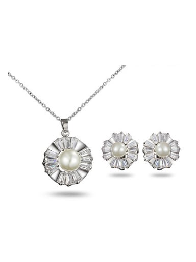 Women Elegant Flower Shaped Artificial Pearl Two Pieces Jewelry Set