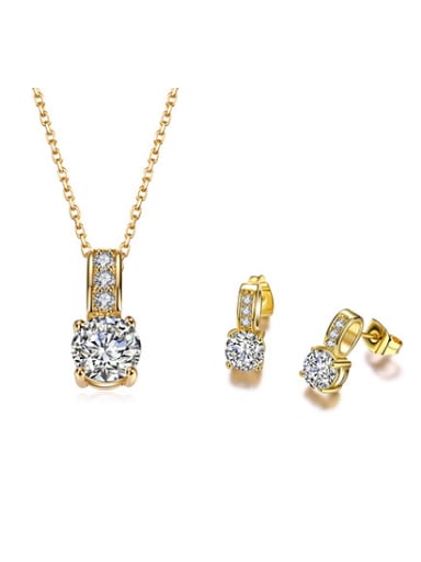 Copper 18K Gold Plated Fashion Zircon Round Two Pieces Jewelry Set