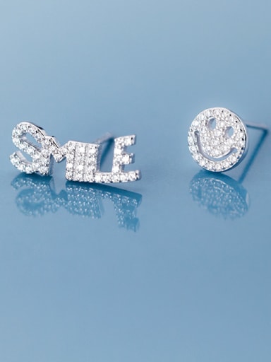 925 Sterling Silver With Cubic Zirconia Simplistic English smle smile asymmetry Stud Earrings