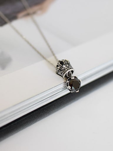 Retro style Black Zircon Little Crown Silver Necklace