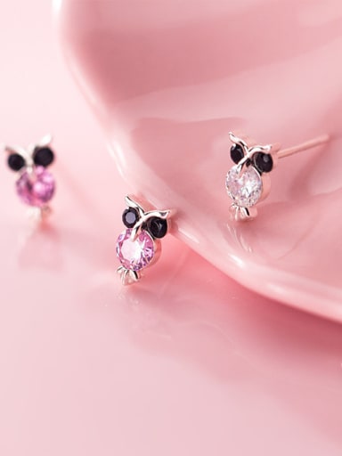 925 Sterling Silver With Silver Plated Cute Owl Stud Earrings