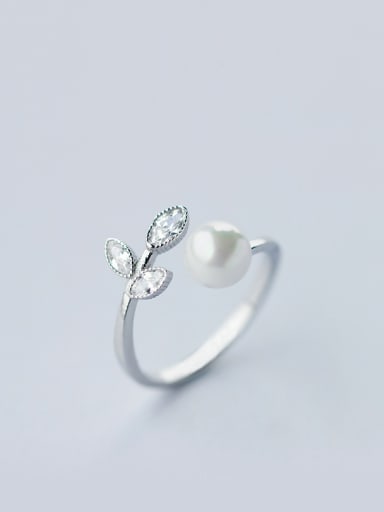 S925 Silver Pearl Bay Leaves Sweet Opening Ring