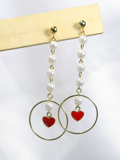 White Freshwater Pearls Hollow Round Tiny Red Heart 925 Silver Drop Earrings