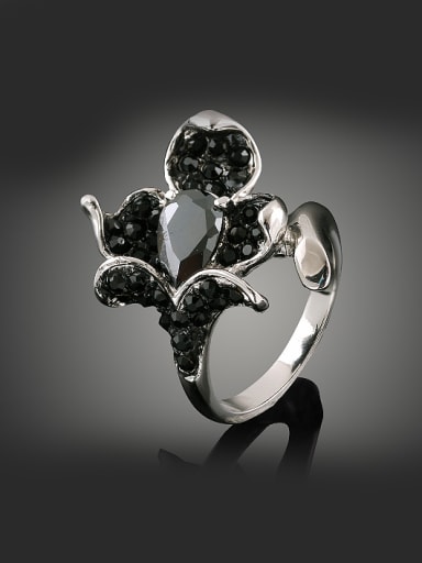 Fashion Black Cubic Rhinestones-studded Flower Alloy Ring