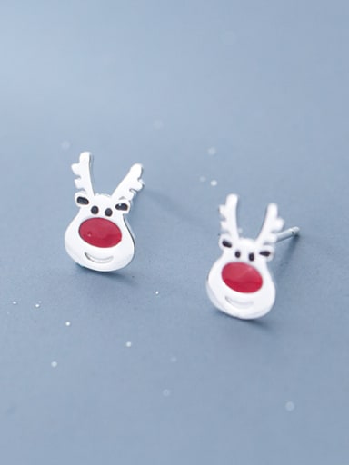 925 Sterling Silver With Platinum Plated Cute Red Christmas Elk Stud Earrings