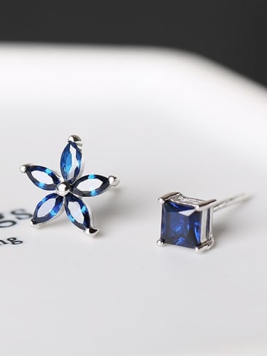 Asymmetrical 925 Silver Blue Rhinestones-studded Square Flower Stud Earrings