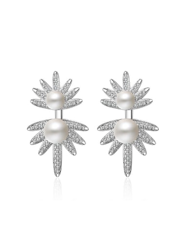 Fashion Imitation Pearl Shiny Zirconias Flower Stud Earrings