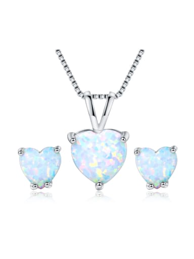 custom Heart-shaped White-Opal platinum-plated necklace earrings 2 sets
