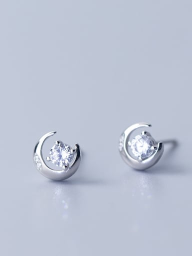 925 Sterling Silver With Silver Plated Cute Moon Stud Earrings