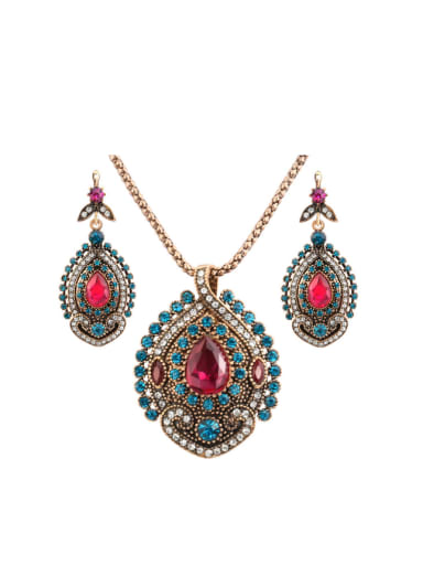 Antique Gold Plated Pink Resin stone Colorful Rhinestones Two Pieces Jewelry Set