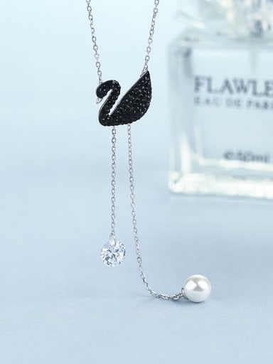 Fashion Black Swan Shell Pearl Cubic Zircon Pendant 925 Silver Necklace