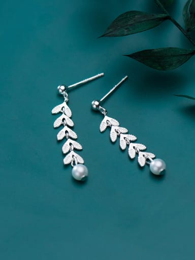 925 Sterling Silver With  Artificial Pearl Trendy Leaf  Long  Drop Earrings