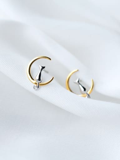 Lovely Gold Plated Moon And Cat Shaped S925 Silver Stud Earrings