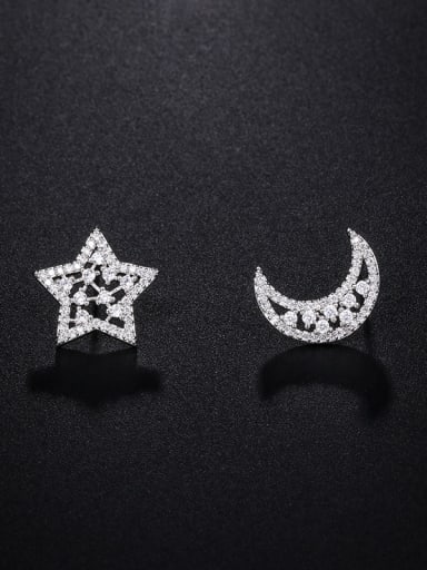 Copper With Platinum Plated Cute Asymmetry Star Moon  Stud Earrings