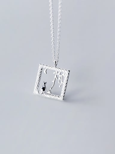925 Sterling Silver With Platinum Plated Simplistic Square Cute cat Necklaces