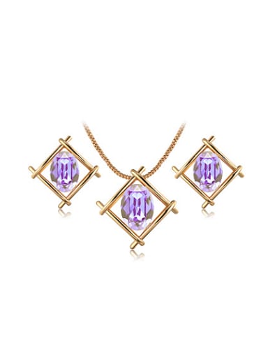 custom Purple Rose Gold Plated Square Shaped Austria Crystal Two Pieces Jewelry Set
