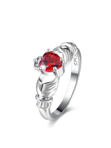 Fashionable Red Heart Shaped Platinum Plated Zircon Ring
