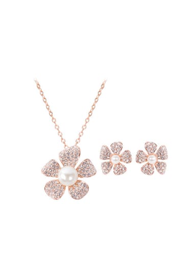 Alloy Rose Gold Plated Fashion Pearl and CZ Flower-shaped Four Pieces Jewelry Set