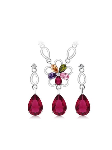 Copper Alloy White Gold Plated Fashion Water Drop and Flower-shaped Two Pieces Zircon Jewelry Set