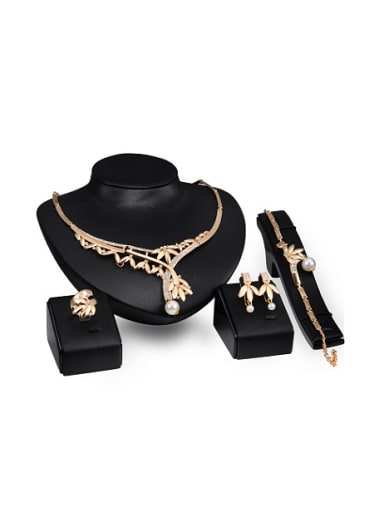 Alloy Imitation-gold Plated Fashion Artificial Pearl Leaf-shaped Four Pieces Jewelry Set