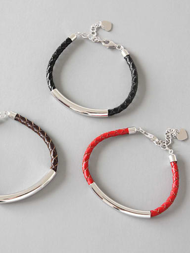 Pure silver handmade knitted leather rope bracelet