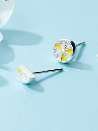 Fresh Lemon Shaped Asymmetric S925 Silver Enamel Stud Earrings