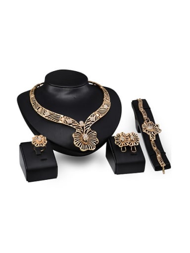 Alloy Imitation-gold Plated Vintage style Rhinestones Hollow Flower Four Pieces Jewelry Set