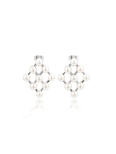 Platinum Plated Square Shaped Artificial Pearl Earrings