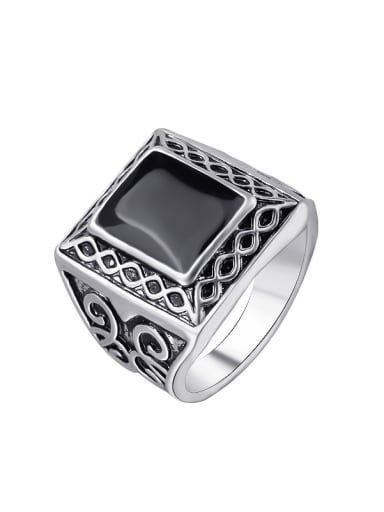 Punk style Black Enamel Silver Plated Alloy Carved Ring