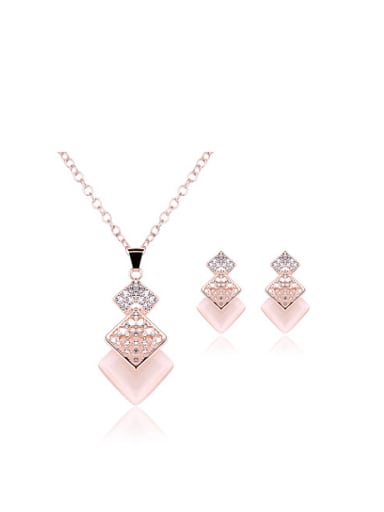 Alloy Rose Gold Plated Fashion Overlapping Square CZ Two Pieces Jewelry Set