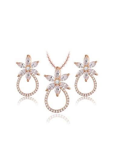 Trendy Rose Gold Plated Flower Shaped AAA Zircon Two Pieces Jewelry Set