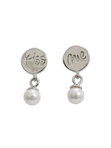 Personalized White Artificial Pearl Kiss Me Silver Stud Earrings